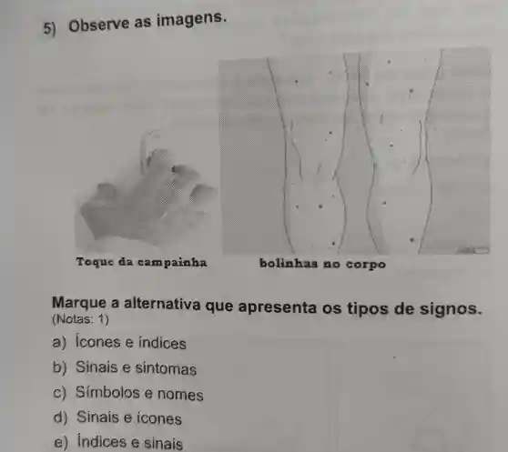 5) Observe as imagens.
Marque a alternativa i que apresenta os tipos de signos.
(Notas: 1)
a) icones e indices
b) Sinais e sintomas
c) Símbolos e nomes
d) Sinais e icones
e) Indices e sinais