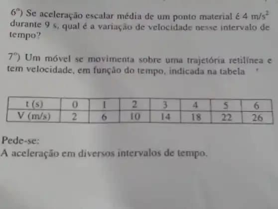 6^circ ) Se aceleração escalar média de um ponto material é 4 mathrm(~m) / mathrm(s)^2 durante 9 mathrm(~s) , qual é a variação de velocidade nesse intervalo de tempo?
 7^circ ) Um móvel se movimenta sobre uma trajetória retilínea e tem velocidade, em função do tempo, indicada na tabela

 mathrm(t)(mathrm(s)) & 0 & 1 & 2 & 3 & 4 & 5 & 6 
 mathrm(V)(mathrm(m) / mathrm(s)) & 2 & 6 & 10 & 14 & 18 & 22 & 26 


Pede-se:
A aceleração em diversos intervalos de tempo.