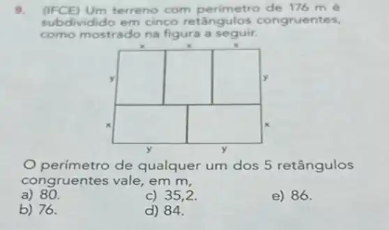 9. (IFCE) Um terreno com perimetro de 176 mathrm(~m) é subdividido em cinco retângulos congruentes, como mostrado na figura a seguir.
O perimetro de qualquer um dos 5 retângulos congruentes vale, em mathrm(m) ,
a) 80.
c) 35,2.
e) 86.
b) 76.
d) 84.