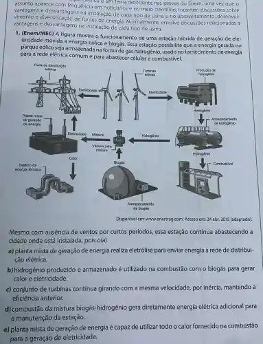 assunto aparece com frequência em noticiários e no meio científico;trazendo discussões sobre
tema recorrente nas provas do Enem, uma vez que o
vantagens e desvantagens na instalação de cada tipo de usina e no aproveitamento, desenvol-
e diversificação de fontes de energia Normalmente, envolve discussões relacionadas a
vantagens e desvantagens na instalação de cada tipo de usina.
1. (Enem/MEC) A figura mostra o funcionamento de uma estação híbrida de geração de ele-
tricidade movida a energia eólica e biogás Essa estação possibilita que a energia gerada no
parque eólico seja armazenada na forma de gás hidrogênio, usado no fornecimento de energia
para a rede elétrica comum e para abastecer células a combustível.
Disponível em: www.enertra com. Acesso em: 24 abr. 2015 (adaptado)
Mesmo com ausência de ventos por curtos períodos, essa estação continua abastecendo a
cidade onde está instalada, pois o(a)
a) planta mista de geração de energia realiza eletrólise para enviar energia à rede de distribui-
ção elétrica.
b) hidrogênio produzido e armazenado é utilizado na combustão com o biogás para gerar
calor e eletricidade.
c) conjunto de turbinas continua girando com a mesma velocidade, por inércia , mantendo a
eficiência anterior.
d) combustão da mistura biogás -hidrogênio gera diretamente energia elétrica adicional para
a manutenção da estação.
e) planta mista de geração de energia é capaz de utilizar todo o calor fornecido na combustão
para a geração de eletricidade.