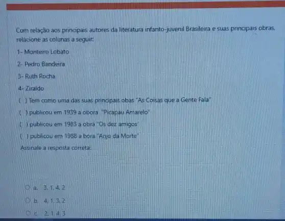 Com relação aos principais autores da literatura infanto-juveni Brasileira e suas principais obras,
relacione as colunas a seguir:
1-Monteiro Lobato
2- Pedro Bandeira
3- Ruth Rocha
4- Ziraldo
( ) Tem como uma das suas principais obas "As Coisas que a Gente Fala'
( publicou em 1939 a obora "Picapau Amarelo
( ) publicou em 1983 a obra "Os dez amigos
(1) ) publicou em 1988 a bora "Anjo da Morte
Assinale a resposta correta
a. 3,1,4 . 2
b. 4.1.3 . 2
c. 2,1,43