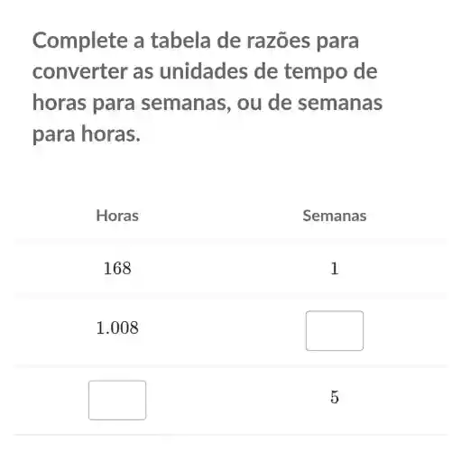 Complete a tabela de razões para
converter as unidades de tempo de
horas para semanas , ou de semanas
para horas.
Horas
Semanas
168
1.008
square 
square