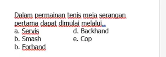 Dalam permainan , tenis meia serangan
pertama dapat dimulai melalui. __
a. Servis
d. Backhand
b. Smash
e. Cop
b. Forhand