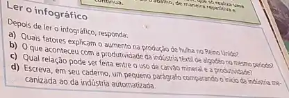 Ler o infográfico
Depois de ler o infográfico responda:
a) Quais fatores explicam o aumento na produção de hulha no Reino Unido?
b) Oque aconteceu com a produtividade da industria têxtil de algodão no mesmo periodo?
c) Qual relação pode se teita entre o uso de carvǎo mineral e a produtividade?
d) Escreva, em seu cademo. um pequeno paágrafo comparando o inicio da industria me-
canizada ao da indústria automatizada.