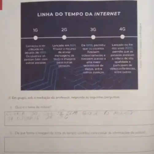 LINHA DO TEM PO DA INTE RNET
2. Em grupo, sob a mediação do professor responda as seguintes perguntas:
a. Qualéo tema da noticia?
b. De que forma a imagem da linha do tempo contribui para passar as informaçōes da noticia?