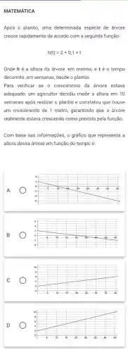 MATEMÁTICA
Após o plantio, uma determinada espécie de árvore
cresce rapidamente de acordo com a seguinte função:
h(t)=2+0,1times t
Onde h é a altura da árvore, em metros, e t é o tempo
decorrido, em semanas desde o plantio.
Para verificar se o crescimento da árvore estava
adequado, um agricultor decidiu medir a altura em 10
semanas após realizar o plantio e constatou que houve
um crescimento de 1 metro, garantindo que a árvore
realmente estava crescendo como previsto pela função.
Com base nas informações, o gráfico que representa a
altura dessa árvore em função do tempo é:
D