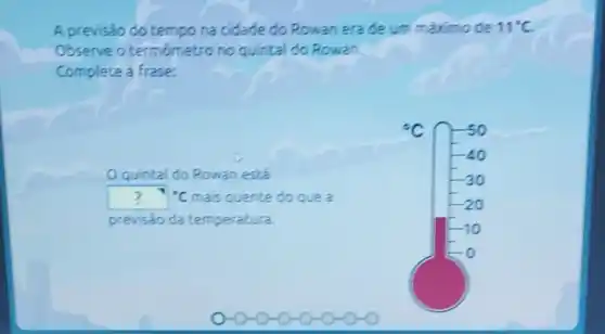 A previsão do tempo na cidade do Rowan era de um máximo de 11^circ C
Observe o termómetro no quintal do Rowan.
Complete a frase:
Oquintal do Rowan está
?^TC quente do que a
previsao da temperatura.