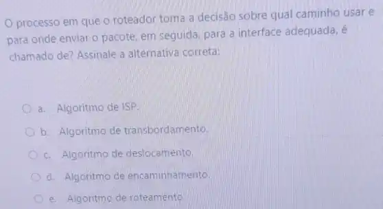 processo em que o roteador toma a decisão sobre qual caminho usar e
para onde enviar o pacote, em seguida para a interface adequada, é
chamado de?Assinale a alternativa correta:
a. Algoritmo de ISP
b. Algoritmo de transbordamento.
c. Algoritmo de deslocamento.
d. Algoritmo de encaminhamento
e. Algoritmo de roteamento