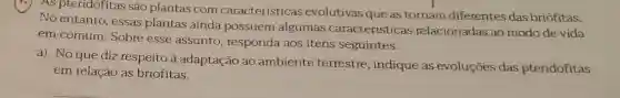 As pteridófitas são plantas com características evolutivas que as tornam diferentes das briófitas.
No entanto, essas plantas ainda possuem algumas características relacionadas ao modo de vida
em comum. Sobre esse assunto responda aos itens seguintes.
a) No que diz respeito à adaptação ao ambiente terrestre , indique as evoluçōes das pteridófitas
em relação às briófitas.