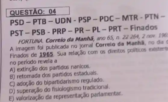 QUES TÃO: 04
PSD -PTB -UDN - PSP -PDC-MTR-PTN -
PST-PSB - PRP -PR-PL-PRT-Finados
FORTUNA . Correio da Manhã, ano 65, n. 222642 nov.196
A imagem foi publicada no jornal Correio da Manha, no dia
Finados de 1965. Sua relação com os direitos politicos existent
no período revela a
A) extingão dos partidos nanicos.
B) retomada dos partidos estaduals.
C) adoção do bipartidarismo regulado.
D) superação do tradicional.
E)da representação parlamentar.