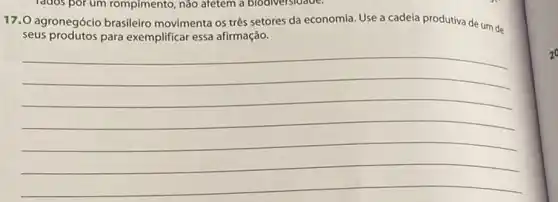 rados por um rompimento ,nào afetem a biodiversidaue.
17.0 agronegócio brasileiro movimenta os três setores da economia. Use a cadeia produtiva de um de
seus produtos para exemplificar essa afirmação.
__