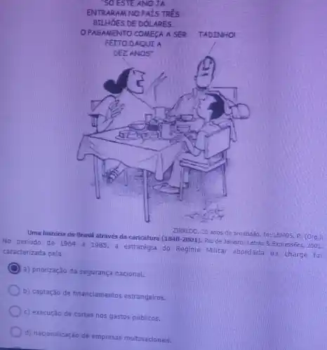 Uma história do Brasil através da caricatura (1840-2001). Rio de Janeiro: Letras 8. Expressões 2001.
20. anos de prontidão In: LEMOS, R. (Org.)
No periodo de 1964 a 1985, a estratégia do Regime Militar abordada na charge fo
caracterizada pela
a) priorização da segurança nacional.
b) captação de financiamentos estrangeiros.
c) execução de cortes nos gastos públicos.
d) nacionalização de empresas multinacionais.