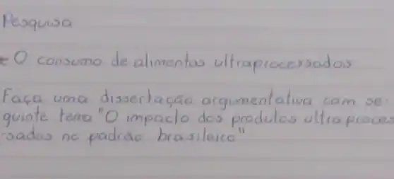 - 0 consumo de alimentos ultraprocessados
Faça uma dissertaçáo argumentativa com se guinte tema "O impacto dos produtos ultra proce -sados no padráo brasileiro"