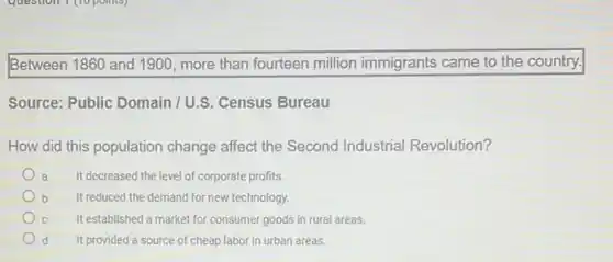 Between 1860 and 1900, more than fourteen million immigrants came to the country.
Source: Public Domain / U.S. Census Bureau
How did this population change affect the Second Industrial Revolution?
a It decreased the level of corporate profits.
b It reduced the demand for new technology.
c It established a market for consumer goods in rural areas.
d It provided a source of cheap labor in urban areas.