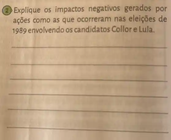 (2) Explique os impactos negativos gerados por
ações como as que ocorreram nas de
1989 envolveno loos candida tos Collor e Lula.
__