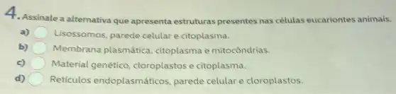 4. Assinale a alternativa que apresenta estruturas presentes nas células eucariontes animais.
a) Lisossomos, parede celular e citoplasma.
b) Membrana plasmática citoplasma e mitocôndrias.
c) Material genético cloroplastos e citoplasma.
d) Reticulos endoplasmáticos, parede celular e cloroplastos.