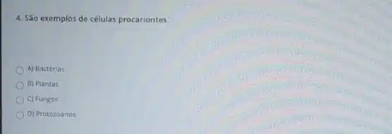 4. São exemplos de células procariontes.
A) Bactérias
B) Plantas
C) Fungos
D) Protozoànos