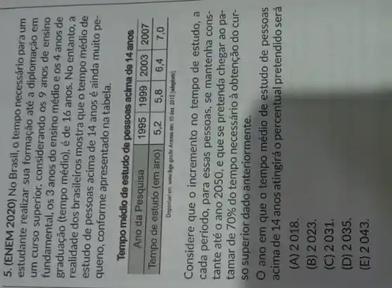 5. (ENEM 2020) No Brasil, o tempo necessário para um estudante realizar sua formação até a diplomação em um curso superior, considerando os 9 anos de ensino fundamental, os 3 anos do ensino médio e os 4 anos de graduação (tempo médio), é de 16 anos. No entanto, a realidade dos brasileiros mostra que o tempo médio de estudo de pessoas acima de 14 anos é ainda muito pequeno, conforme apresentado na tabela.
Tempo médio de estudo de pessoas acima de 14 anos

 Ano da Pesquisa & 1995 & 1999 & 2003 & 2007 
 Tempo de estudo (em ano) & 5,2 & 5,8 & 6,4 & 7,0 


Disponivel em. www.bge govbr. Acesso em: 19 dez 2012 (adaptado)
Considere que o incremento no tempo de estudo, a cada período, para essas pessoas, se mantenha constante até o ano 2050, e que se pretenda chegar ao patamar de 70 % do tempo necessário à obtenção do curso superior dado anteriormente.
O ano em que o tempo médio de estudo de pessoas acima de 14 anos atingirá o percentual pretendido será
(A) 2018.
(B) 2023.
(C) 2031.