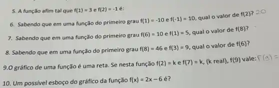 5. A função afim tal que f(1)=3 e f(2)=-1
6. Sabendo que em uma função do primeiro grau
f(1)=-10 e f(-1)=10
qual o valor de
f(2)
7. Sabendo que em uma função do primeiro grau
f(6)=10 e f(1)=5 qual o valor de
f(8)
8. Sabendo que em uma função do primeiro grau
f(8)=46 e f(3)=9 qual o valor de
f(6)
".
9.0 gráfico de uma função é uma reta. Se nesta função
f(2)=kef(7)=k,(kreal),f(9)
vale: F(g)=
10. Um possivel esboço do gráfico da função
f(x)=2x-6