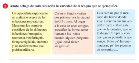 Anota debajo de cada situación la variedad de la lengua que se ejemplifica.
Un especialista expone ante
un auditorio acerca de las
infecciones respiratorias.
Menciona los nombres
cientificos de las diferentes
infecciones (bronquitis,
neumonía, rinofaringitis,
faringoamigdaliti s, etcétera)
y los medicamentos que
podrían utilizarse.
Carlos y Sandra visitan
por primera vez la ciudad
deCfloloma. Alllegar
a la casa de unos amigos,
escucflan la forma como
llaman a los niños
cuando alguien pregunta:
¿Qué edad tienen
los güiros?
Luis camina por el mer-
cado del barrio donde
vive. Escucfla que un ven-
dedor dice: -jMire usté,
que no le cuenten , que no
le digan! Compre y verá
qué guena pomada la que
vendo. Sirve pa' las que-
maduras, pa' los piquetes
de mosquitos __
__