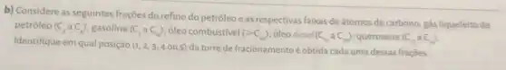 b) Considere as seguintes frações do refino do petróleo e as respectivas faixas de átomos de carbono: gás liquefeito de
petróleo (C_(3)aC_(4)) gasolina (C_(5)aC_(12)) , 6leo combustivel (gt C_(20)) ; óleo diesel (C_(12)aC_(20)) querosene (C_(12)aC_(10))
Identifique em qual posição (1,2,3,4ou5)
da torre de fracionamento éobtida cada uma dessas frações.