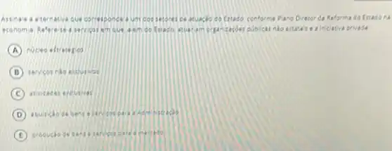 cossessions acuaçao do Estado, conforma Diano Diretor da Roforma
economia. Referese a servicos em cue dem do ndo estatare a inclativa privaga
A nucleo eftratesico
B servicos nao exclusivos
C ativisacet ercusivas
D
E	ofcido