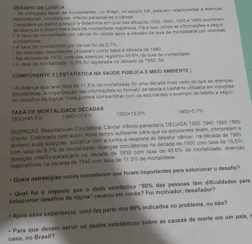 DESAFIO DE LÓGICA
As principais taxas de mortalidades, no Brasil, no século XX, estavam relacionadas a doenças
respiratórias, circulatórias infecto-parasitárias e câncer.
Considere os dados a seguir e determine em qual das décadas 19301940,1950 e 1960 ocorreram
as doengas e determine a taxa de mortalidade registrada. Para isso utilize as informações a seguir:
- A taxa de mortalidade por câncer foi obtida após a década da taxa de mortalidade por doenças
circulatórias.
- A taxa de mortalidade por câncer foi de 5,7% 
- As doenças respiratórias utilizaram como base a década de 1940.
- Na década de 1930 uma das doenças registrou 45,6%  de taxa de mortalidade.
A taxa de mortalidade 15,5%  foi registrada na década de 1950. 56
COMPONENTE 3 [ESTATISTICA NA SAUDE PUBLICA E MEIO AMBIENTE ]
A doenga que teve taxa de 11,5% 
de mortalidade foi uma década mais cedo do que as doenças
circulatórias. A organização das informações no formato de tabela é bastante utilizada em soluçōes
de desafios de lógica Você poderá compartilhar com os estudantes o exemplo de tabela a seguir:
TAXA DE MORTALIDADE D'ÉCADAS
1940=11,5% 
DOENGAS Respiratórias Circulatória Câncer Infecto-parasitária DÉCADA 1930 1940 1950 1960
(Fonte: Elaborada pelo autor) Após tempo suficiente para que os estudantes leiam , interpretem e
anotem suas soluções socialize com a turma a resposta do desafio:câncer, na década de 1960,
com taxa de 5,7% 
de mortalidade; doenças circulatórias na década de 1950 com taxa de
15,5% 
com taxa infecto-parasitária na década de 1930 com taxa de
45,6%  de mortalidade; doenças
respiratórias na década de 1940 com taxa de
11,5%  de mortalidade.
1930=45,6% 
- Quais estratégias vocês consideram que foram importantes para solucionar o desafio?
- Qual foi o impacto que o dado estatístico "
80% 
das pessoas têm dificuldades para
solucionar desafios de lógica" causou em vocês? Foi motivador desafiador?
- Para que devem servir os dados estatisticos sobre as causas de morte em um país, r
caso, no Brasil?
- Após essa experiência, você faz parte dos
80% 
indicados no problema , ou não?
1950=15,5% 
1960=5,7%