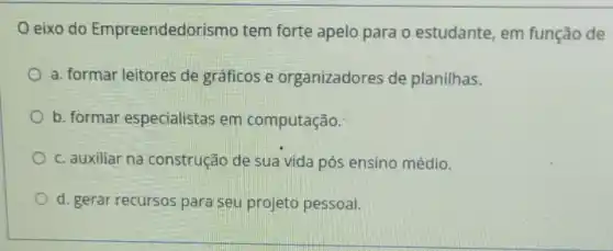 eixo do Empreendedor ismo tem forte apelo para o estudante em função de
a. formar leitores de gráficos e organizadores de planilhas.
b. formar especialistas em computação.
c. auxiliar na construção de sua vida pós ensino médio.
d. gerar recursos para seu projeto pessoal.