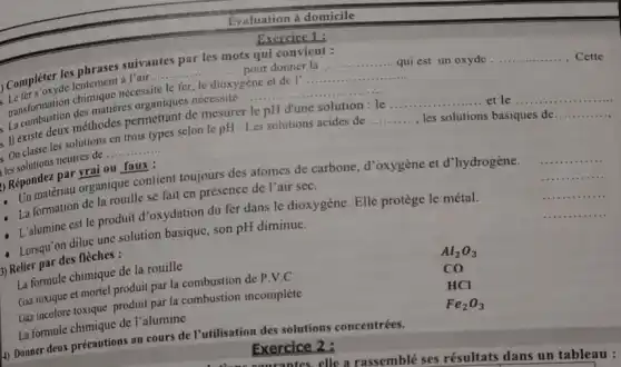 Evaluation à domicile
Exercice 1:
ts qui convient :
Compléter les
par
oxyde lentement allessite
__ pour donner la
__ qui est un oxyde __ Cette
nécessite le fer, le dioxygène et de l'
__
__
matieres
......................................................................
solutions en trois types selon le pH :
le pH d'une solution : le
__ et le. __
II existe deux olutions __
Les solutions acides de
__ les solutions basiques de __
neutres de .....
par vrai ou faux;
- L'alumine est le produit d'oxydation du fer dans le dioxygène. Elle protège le métal.
) Réponder nau organique contient toujours des atomes de carbone, d'oxygène et d'hydrogène.
__
- La formation de la rouille se fait en présence de l'air sec.
Lorsqu'on diluc une solution basique, son pH diminue.
3) Relier par des flèches :
Al_(2)O_(3)
La formule chimique de la rouille
CO
Gaz toxique et mortel produit par la combustion de P.V.C
HCI
Gazincolore toxique produit par la combustion incomplète
Fe_(2)O_(3)
La formule chimique de l'alumine
précautions au cours de Putilisation des solutions concentrées.
4) Donner deux C
Exercice 2 :
ourantes. elle a rassemble ses résultats dans un tableau :
__
__