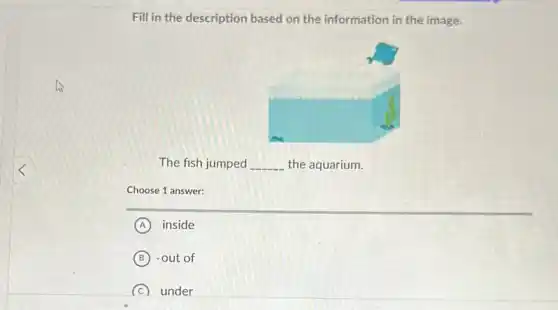 Fill in the description based on the information in the image.
The fish jumped __ the aquarium.
Choose 1 answer:
A inside
B out of
C under