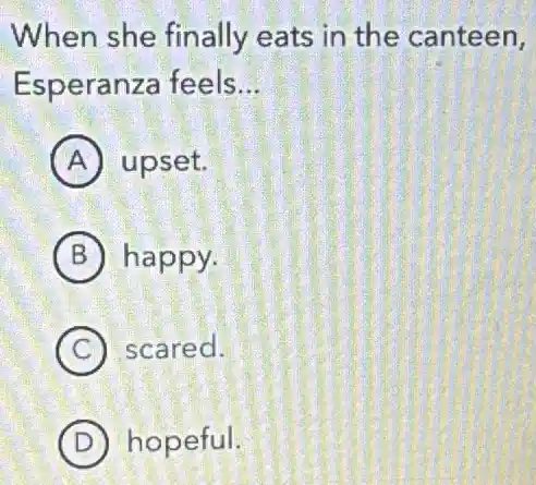 When she finally eats in the canteen,
Esperanza feels __
A upset.
B happy.
C scared.
D hopeful.