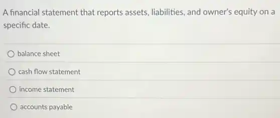 A financial statement that reports assets, liabilities , and owner's equity on a
specific date.
balance sheet
cash flow statement
income statement
accounts payable