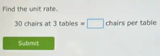 Find the unit rate.
30 chairs at 3 tables=square chairs per table