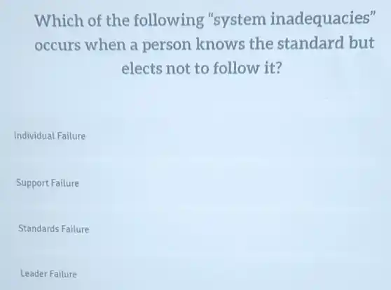 Which of the following "system inadequacies"
occurs when a person knows the standard but
elects not to follow it?
Individual Failure
Support Failure
Standards Failure
Leader Failure