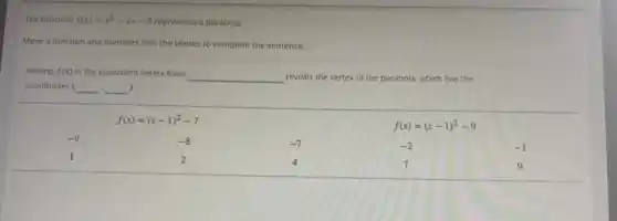 The function f(x)=x^2-2x-8 represents a parabola.
Move a function and numbers into the blanks to complete the sentence.
Writing f(x) in the equivalent vertex form
__ reveals the vertex of the parabola, which has the
coordinates ( (ldots )
f(x)=(x-1)^2-7
f(x)=(x-1)^2-9
-9
-8
-7
-2
-1
1
2
4
7
9