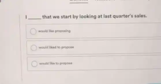 I __ that we start by looking at last quarter's sales.
would like proposing
would liked to propose
would like to propose