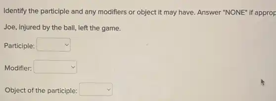 Identify the participle and any modifiers or object it may have. Answer "NONE" if approp
Joe, injured by the ball, left the game.
Participle: square 
Modifier: square 
Object of the participle: square