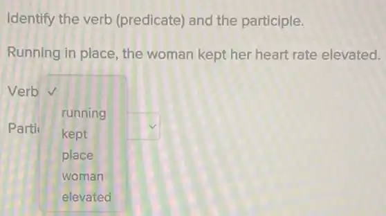 Identify the verb (predicate) and the participle.
Running in place , the woman kept her heart rate elevated.
Verb
square  square 
running
kept
place
woman