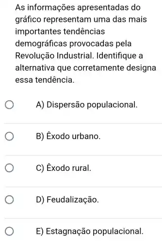 As informações apresentad as do
gráfico representam uma das mais
importantes tendências
demográfic as provocadas pela
Revolução Industrial . Identifique a
alternativa que corretamente designa
essa tendência.
A)Dispersão populacional.
B) Éxodo urbano.
C) Éxodo rural.
D)Feudalização.
E) Estagnação populacional.