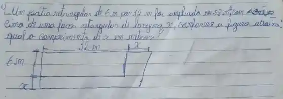 L-Um paita retangular de 6 mathrm(~m) por 12 mathrm(~m) for ampliado em 83 mathrm(~m)^2 , com acrio cima de uma faca retangular de largura x , conforme a figura abaix qual o comprimento de x em metros?