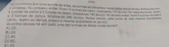 M1201
19) (M00087454) Em uma escola de artes as turmas de diferentes modalidades artisticas são distribuidas em
3 andares. No primeiro andar ficam 5 turmas de canto, totalizando 100 alunos. No segundo andar, ficam
4 turmas de canto e 2 turmas de teatro totalizando 150 alunos No terceiro andar, ficam 4 turmas de teatro
e 3 turmas de dança, totalizando 260 alunos. Nessa escola, cada turma de uma mesma modalidade,
canto, teatro ou dança, possui a mesma quantidade de alunos.
Quantos alunos há em cada uma das turmas de dança nessa escola?
A) 20.
B) 28.
C) 40.
D) 60.
E) 70.