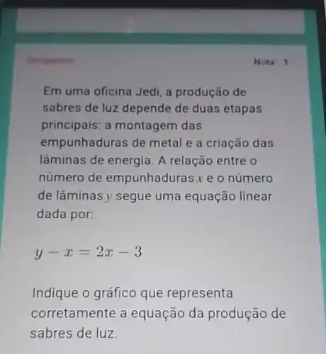 Obrigatoria
Em uma oficina Jedi a produção de
sabres de luz depende de duas etapas
principais: a montagem das
empunhaduras de metal e a criação das
lâminas de energia A relação entre o
número de empunhaduras.x e o número
de lâminas y segue uma equação linear
dada por:
y-x=2x-3
Indique o gráfico que representa
corretamente a equação da produção de
sabres de luz.
Nota 1