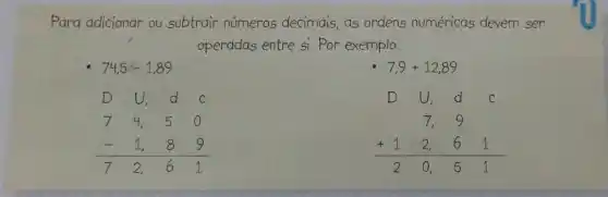 Para adicionar ou subtrair números decimais, as ordens numéricas devem ser
operadas entre si Por exemplo:
7,9+12,89
74,5-1,89
D 0, 6 c 7 4, 5 0 - 1,8 9 7 2, 6 1
D 0, c c 7, 9 +1 2, 61 2 0, 5 1