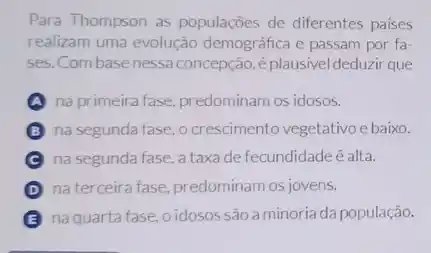 Para Thompson as populaçōes de diferentes paises
realizam uma evolução demográfica e passam por fa-
ses. Com basenessa concepção,é plausivel deduzir que
A na primeira fase, predominam os idosos.
na segunda fase, o crescimento vegetativo e baiso.
na segunda fase, a taxa de fecundidade é alta.
D naterceira fase, predominam os jovens.
B naquarta fase, o idosos são a minoria da população.