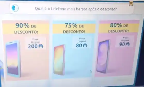 Qual é o telefone mais barato após o desconto?
90%  DE	75%  DE	80%  DE
DESCONTO!	DESCONTO!	DESCONTO!
Preco	Preco
-	Original
90
200M
square 
80M