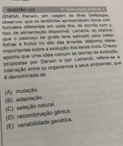 QUESTÃO 119	3" Simulado ENEM+
(ENEM)Darwin, em viagem as Ilhas Galápagos,
observou que os tentilhoes apresentav am bicos com
formatos diferentes em cada ilha, de acordo com o
tipo de alimentação disponivel . Lamarck, ao explicar
que o pescoço da girafa teria esticado para colher
folhas e frutos no alto das árvores elaborou ideias
importantes sobre a evolução dos seres vivos. O texto
aponta que uma ideia comum às teorias da evolução.
propostas por Darwin e por Lamarck refere-se à
interação entre os organismos e seus ambientes, que
é denomina da de
(A)mutação.
(B)adaptação.
(C) seleção natural.
(D) re combinaç áo gênica.
(E)variabilida de genética.