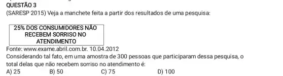 QUESTÃO 3
(SARESP 2015) Veja a manchete feita a partir dos resultados de uma pesquisa:
25%  DOS CONSUMIDORES NĂO
RECEBEM SORRISO NO
ATENDIMENTO
Fonte: www.exame.abril .com. br.10.04.2012
Considerando tal fato , em uma amostra de 300 pessoas que participaram dessa pesquisa, o
total delas que não recebem sorriso no atendimento é:
A) 25
B) 50
C) 75
D) 100