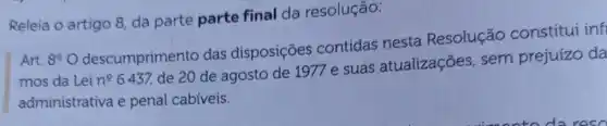 Releia o artigo 8 da parte parte final da resolução:
Art. 8^circ O
descumprimento das disposições contidas nesta Resolução constitui inf
mos da Lei n^circ 
6.437, de 20 de agosto de 1977 e suas atualizações, sem prejuizo da
administrativa e penal cabíveis.