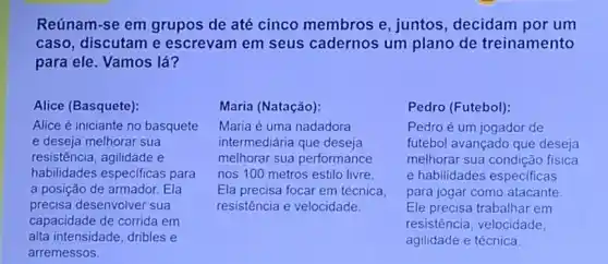 Reúnam-se em grupos de até cinco membros e, juntos , decidam por um
caso, discutam e escrevam em seus cadernos um plano de treinamento
para ele. Vamos lá?
Alice (Basquete):
Alice é iniciante no basquete
e deseja melhorar sua
resistência, agilidade e
habilidades especificas para
a posição de armador.Ela
precisa desenvolver sua
capacidade de corrida em
alta intensidade, dribles e
arremessos.
Maria (Natação):
Maria é uma nadadora
intermediária que deseja
melhorar sua performance
nos 100 metros estilo livre.
Ela precisa focar em técnica,
resistência e velocidade.
Pedro (Futebol):
Pedro é um jogador de
futebol avançado que deseja
melhorar sua condição fisica
e habilidades especificas
para jogar como atacante.
Ele precisa trabalhar em
resistência, velocidade,
agilidade e técnica.