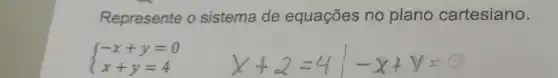 Represente o sistema de equações no plano cartesiano.
 ) -x+y=0 x+y=4 
x+2=41-x+y=0